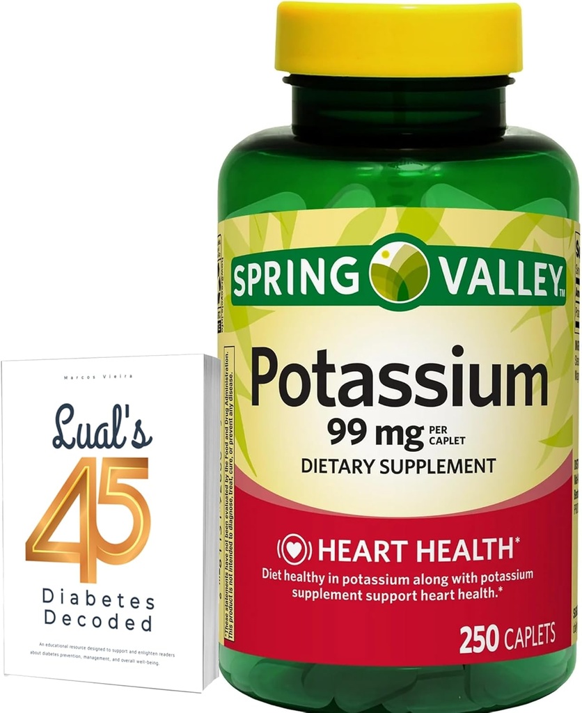 Spring Valley Kalium Heart Health Dieetsupplement Caplets, 99 mg, 250 Telling, Kalium Gluconaat bundel met Lual's 45 Diabetes Decoded