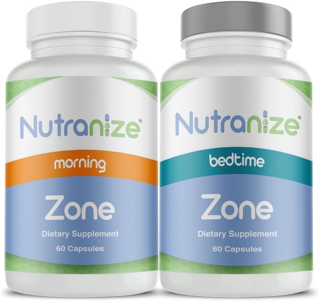 Nutranize Zone Twin-Pack Supplement System - Pharmacist-Designed Morning & Bedtime Capsules with Magnesium Glycinate, Vitamin D3, K2 MK7, Methylfolaat, Chroom, Melatonine - 30 Day Supply (120 Count)