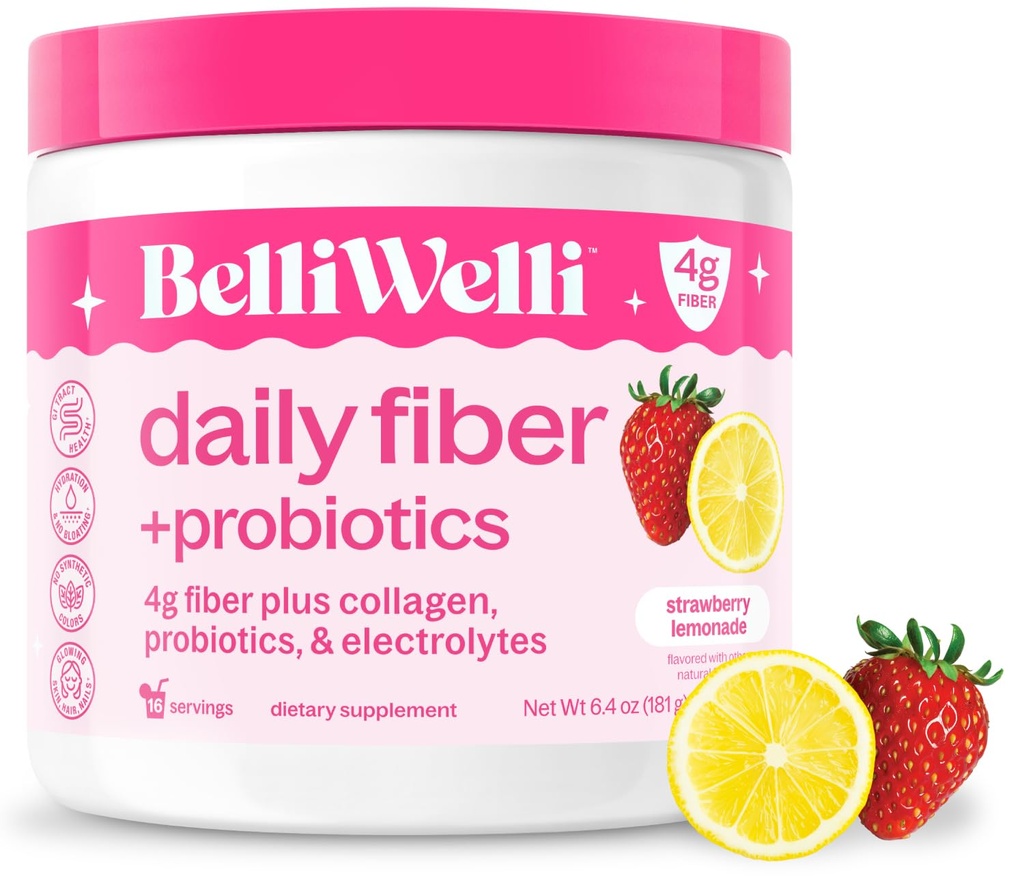 Belli Welli Fiber Supplement for Women&Men, Premium Daily Fiber Powder from Organic Acacia with Added Collageen, Electrolytes&Probiotics, No Bloat, Constipatie&Gut Health Support (Strawberry Lemonade)
