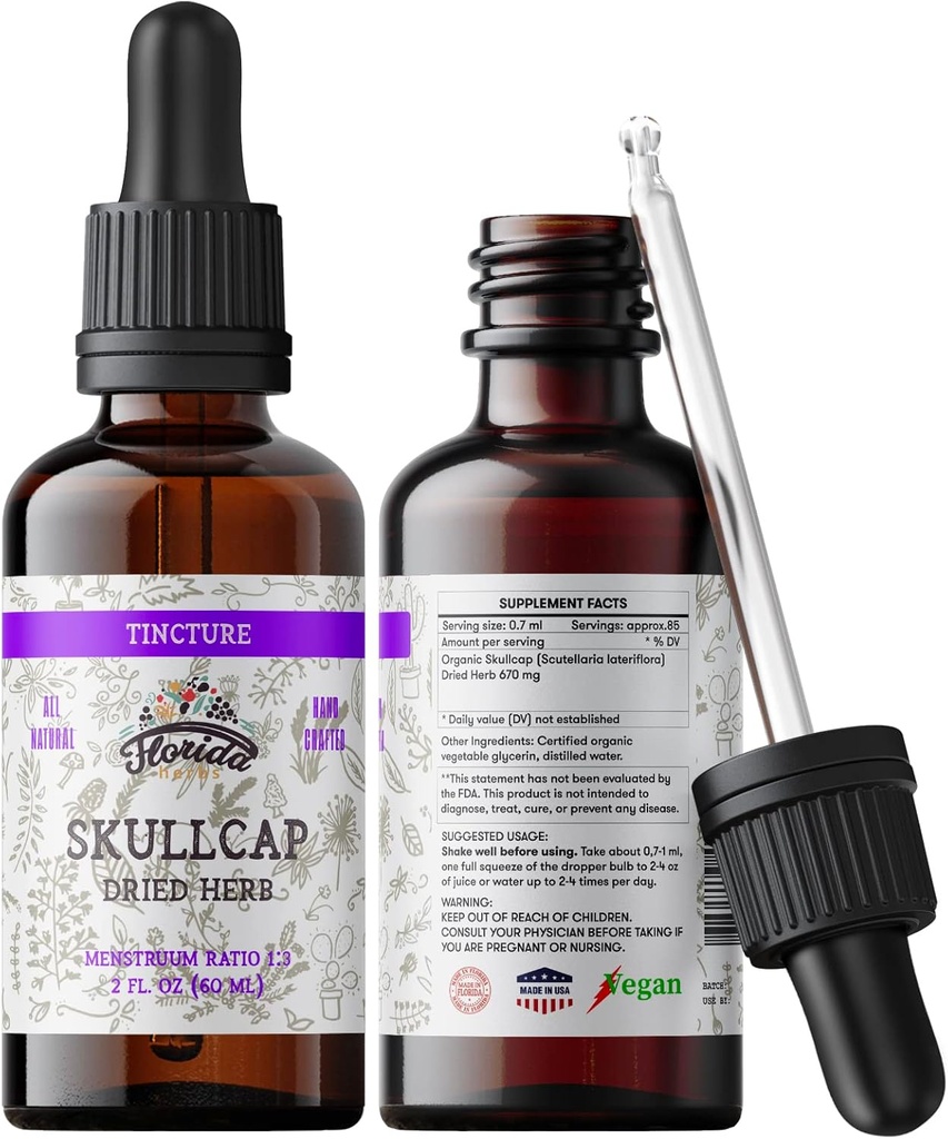 Skullcap Tinctuur, Biologische Skullcap Extract, Skullcap Drops (Scutellaria lateriflora) Gedroogd Kruiden 2 0z (60 ml)