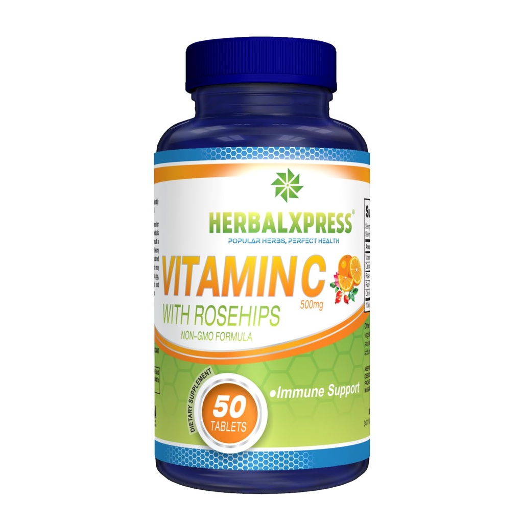 Herbalxpress Vitamine C 500mg met Rose HIPS, Ascorbic Acid & Citrus Bioflavonoids 50 Tablets (1 Tub) - The Powerful Duo:- Een aanvullende aanpak om uw immuunsysteem te versterken.
