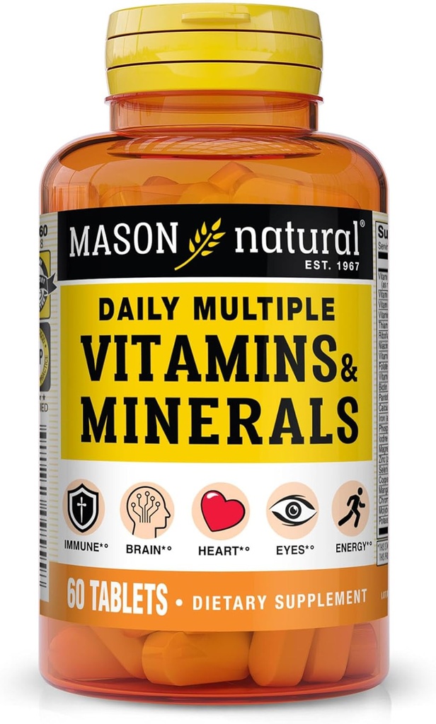 MASON NATUURLIJKE Dagelijkse Meerdere Vitaminen met Mineralen, 24 essentiële voedingsstoffen voor de algehele gezondheid, 60 tabletten