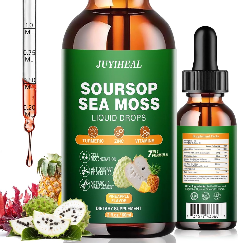 7-in-1 Soursop Bitters Liquid, Soursop Oil with Sea Moss & Turmeric & Vitamino for Immune & Digestief & Cell Support, Sugar-Free 