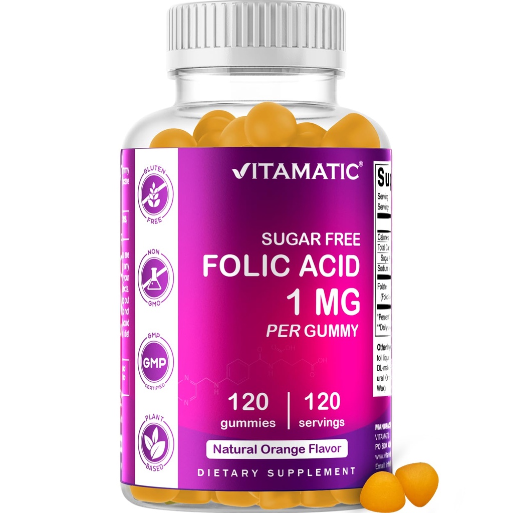 Vitamatic Folic Acid Gummies 1000 mcg (1 mg) - een essentiële prenatale vitamines voor moeder en baby - Vitamine B9-120 Vegan Gummies (1)
