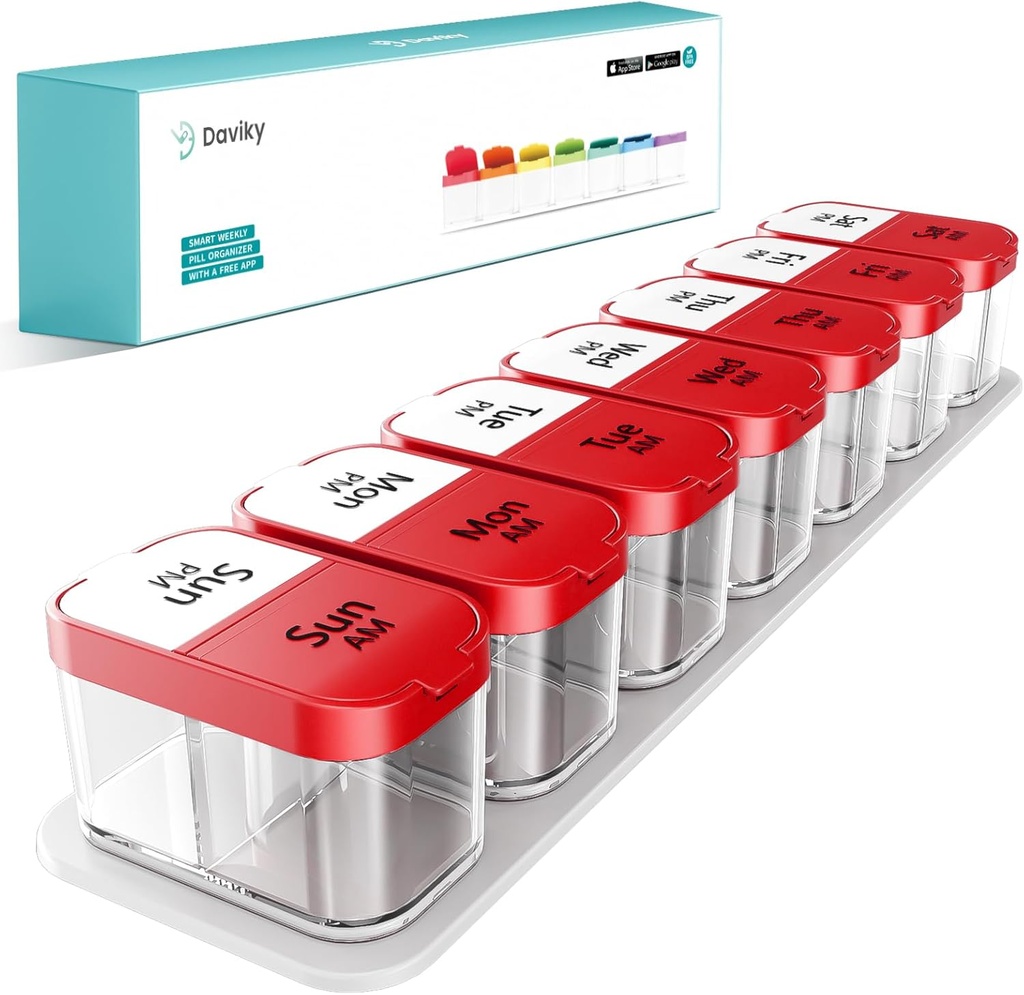 Daviky Extra Large Pillen Organisator 2 keer per dag, Am Pm Pillen Organizer 7 Dag, Pill Box 7 Dag om dagelijkse medicijnen vitamine en supplementen voor ouderen, Artric Patiënten en kinderen (Rode) vast te houden