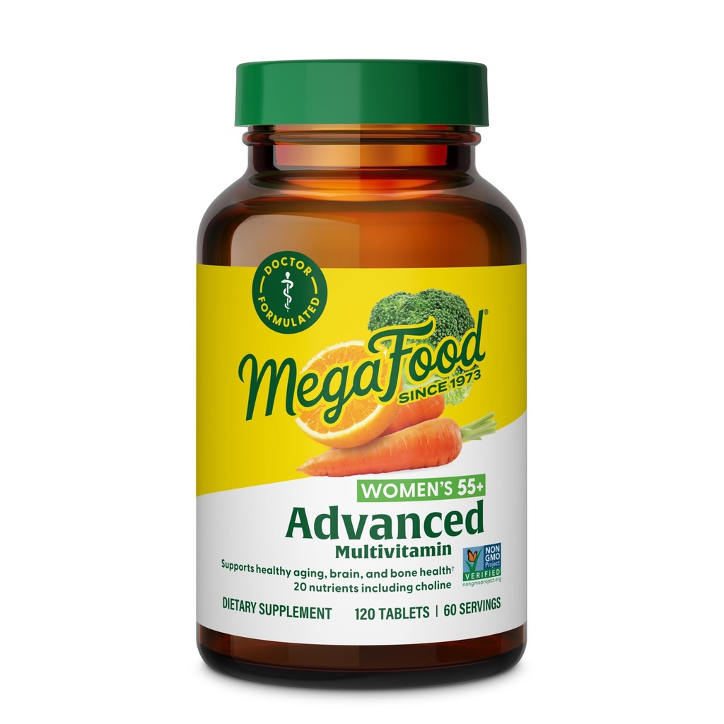 MegaFood Women's 55+ Advanced Multivitamine for Women - Doctor-Formulated with Choline, Vitamine D3, Vitamine B12, Biotine - Plus Real Food - Optimal Aging, Vegetarisch - 120 Tabs (60 Servers)