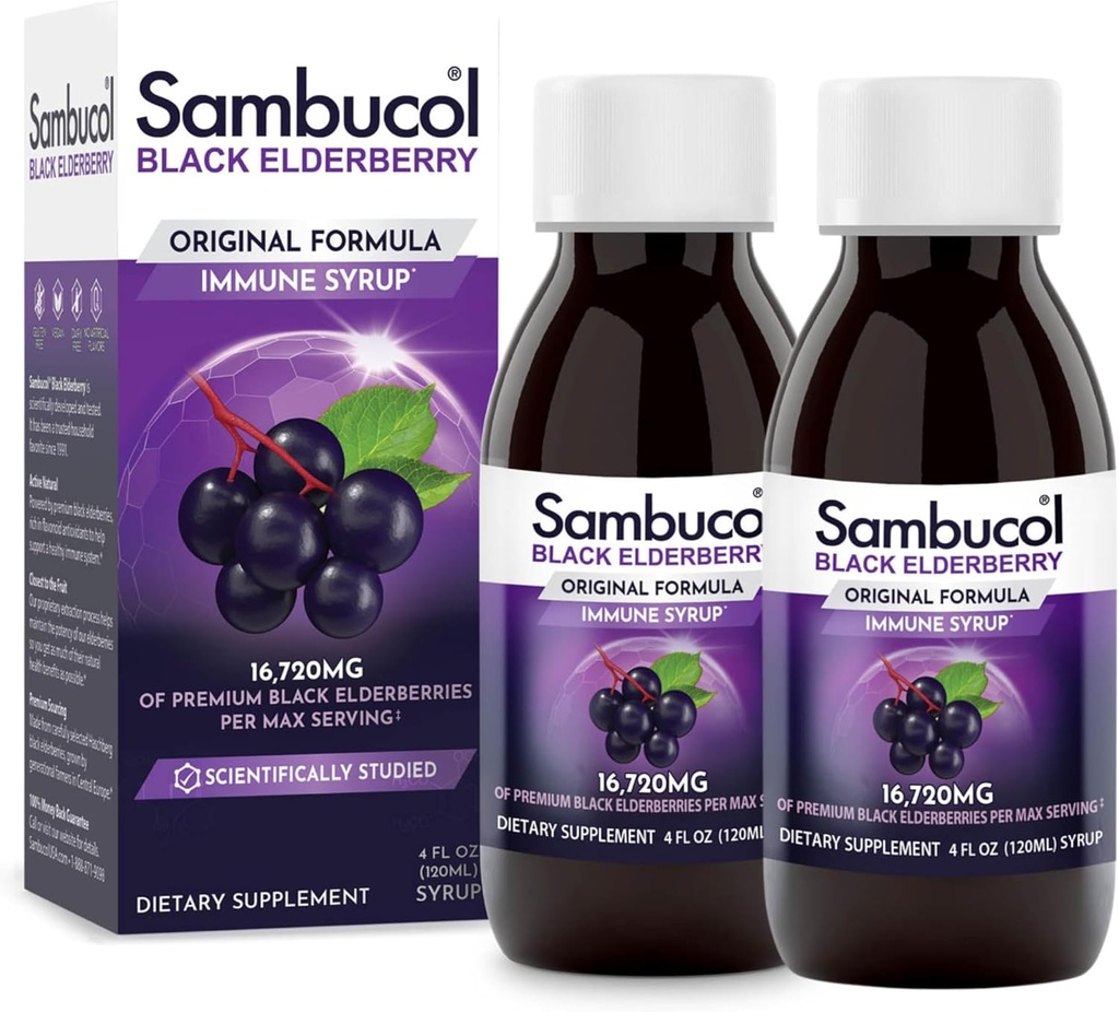 Sambucol Zwarte Vlierbes Siroop - Sambucus Vlierbes Siroop, Zwarte Vlierbes Liquid, Immune Ondersteuning voor kinderen en volwassenen, Hoge Antioxidanten, Glutenvrij - Originele Formule, 4 Fl Oz, 2-Pack