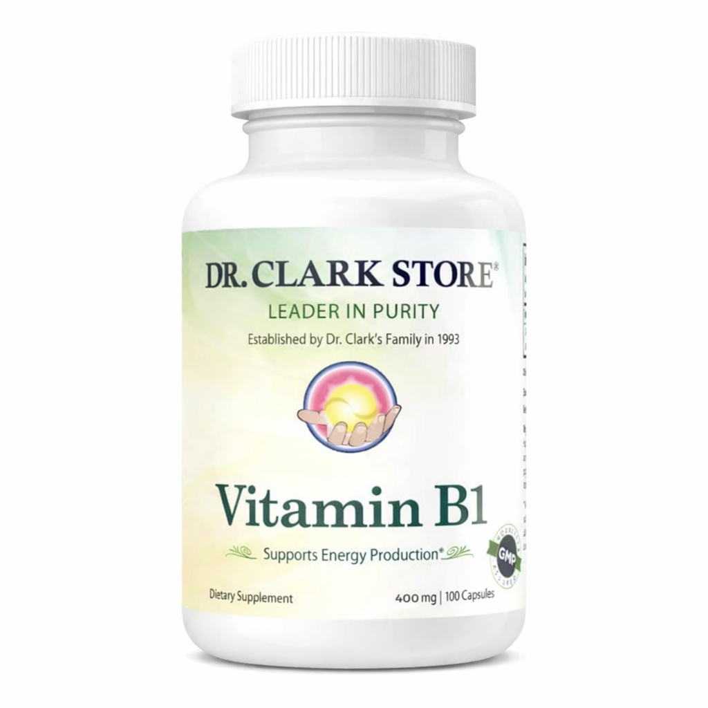 Dr. Clark Vitamine B1 Thiamine 400mg Supplement -Thiamine B1 Supplement voor gezond zenuwstelsel en energiemetabolisme, glutenvrij, zuivelvrij - 100 Gelatine Capsules