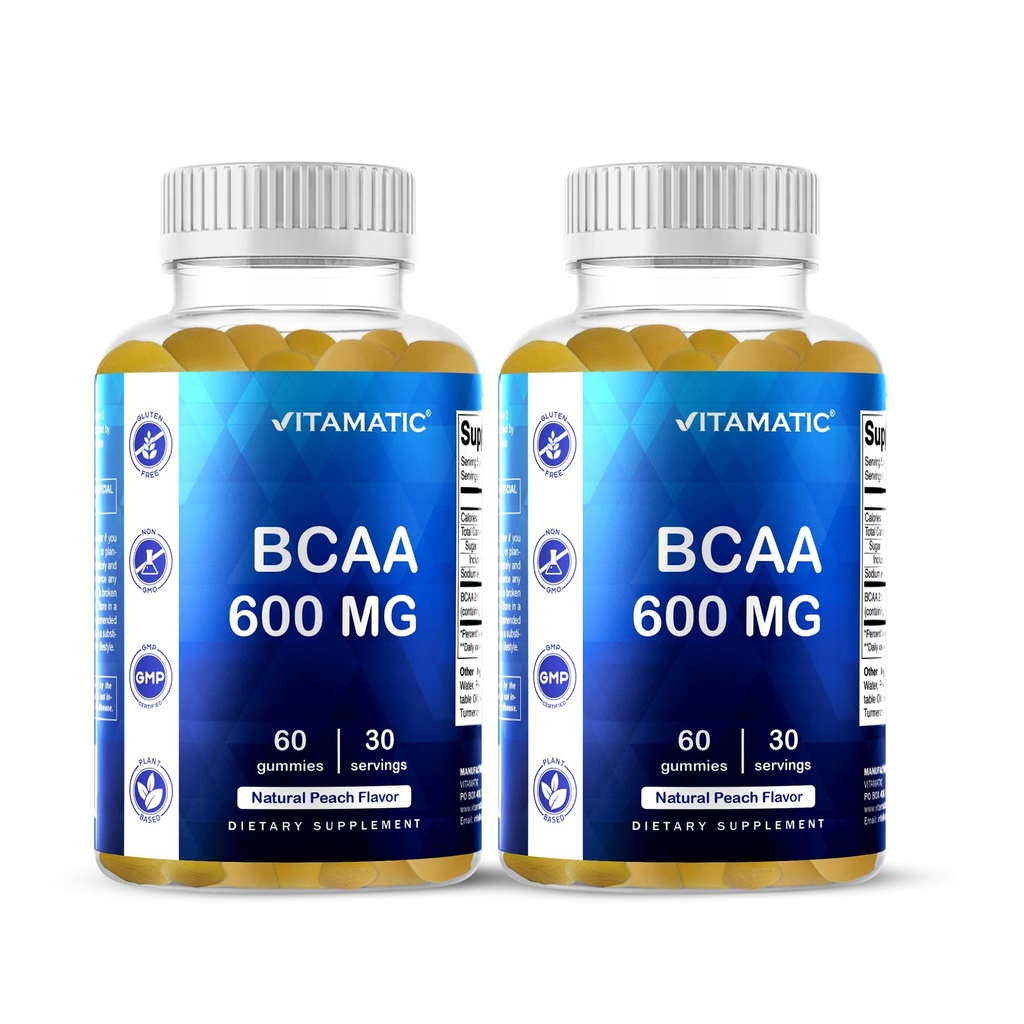 Vitamatic BCAA Gummies - Branch Chain Amino Acid Supplementen - Perzik smaak - 600 mg per portie - 60 Vegan Pectin Based Gummies (2 flessen)