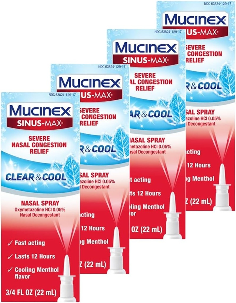 Mucinex neus decongestant Spray, Sinus-Max ernstige neuscongestie Relief Clear & Cool neusspray, duurt 12 uur, snelle acting, koeling Menthol smaak, verpakking mei Vary, 0,75 Fl Oz (verpakking van 4)
