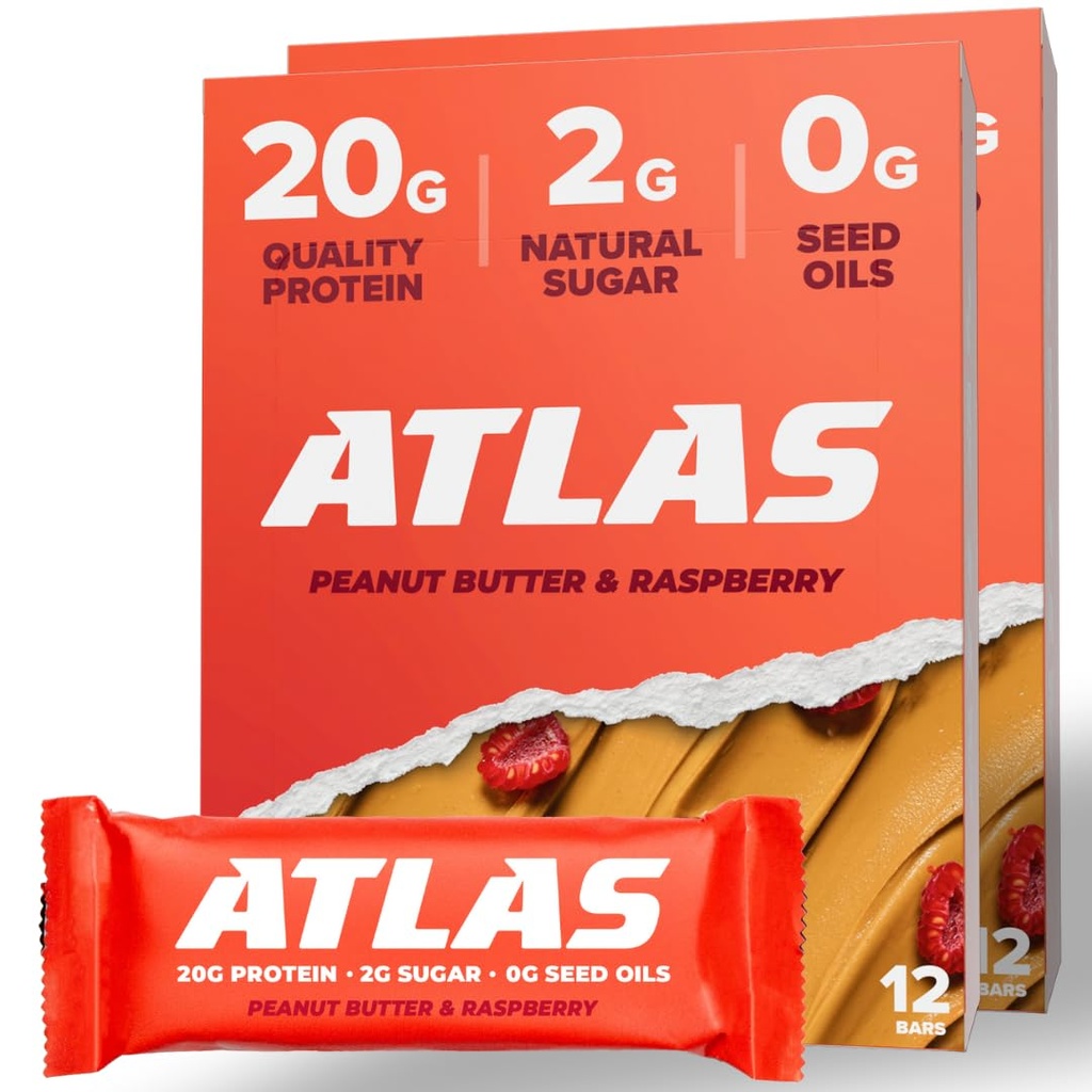 Atlas Proteine Bar, 20g Proteïne, 1g Suiker, Clean Ingrediënten, Glutenvrij (Peanut Butter Raspberry, 12 Tellen (Pack van 2))
