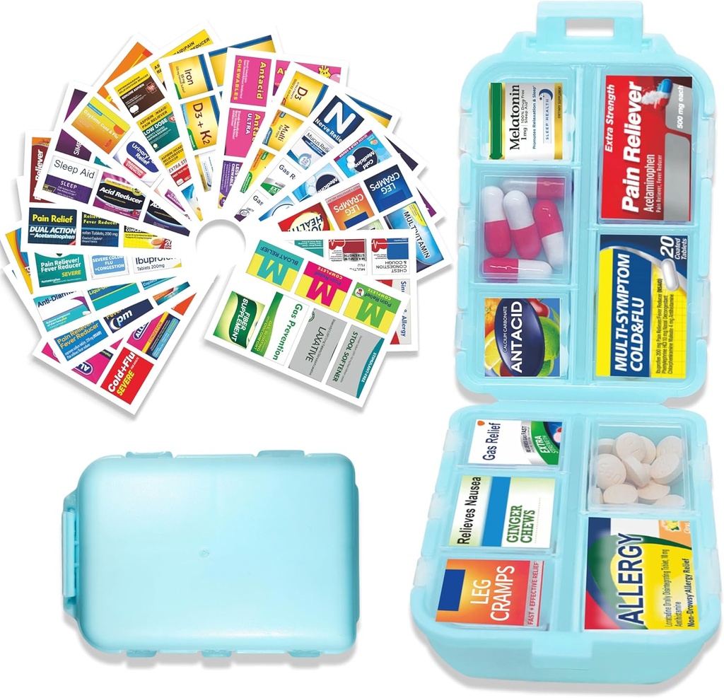 Pillen Organisator met Medicine Labels 146 Labels Travel Daily Pill Container Mini Medication Organizer Storage Pillen Organizer Travel Essentials Pill Case 7 Day (Blauw, 1 Pack(Groot))