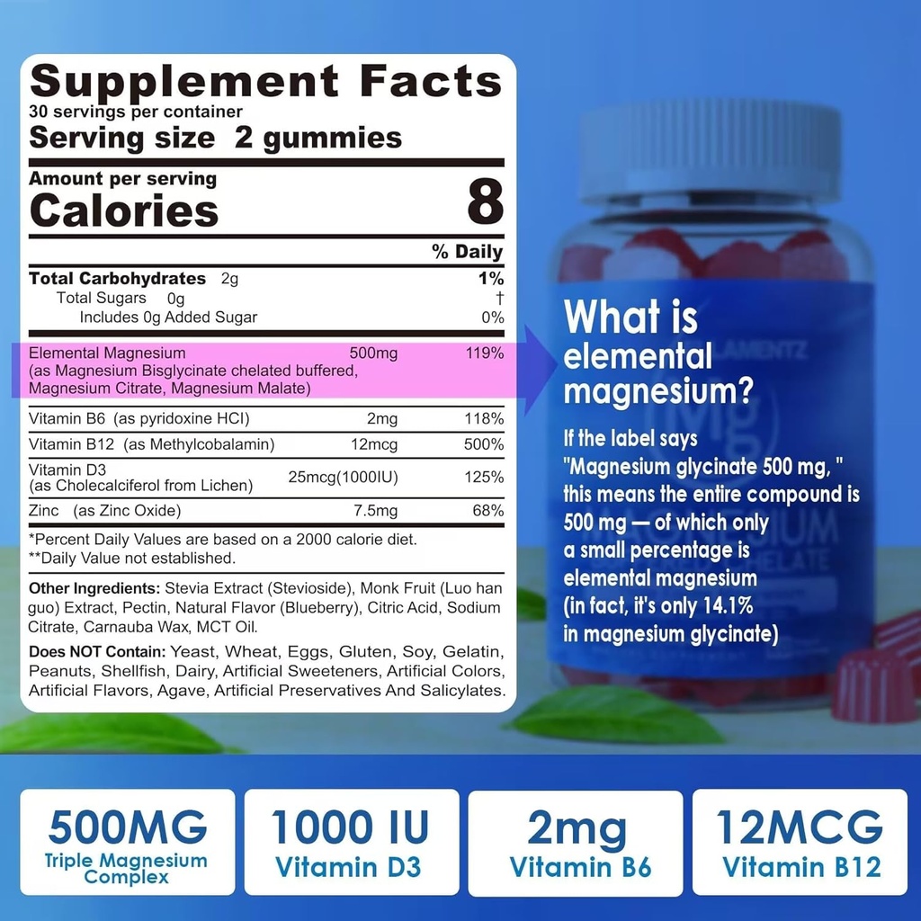 Magnesium Supplement 500mg, Magnesium Complex Gummies w/Magnesium Glycinate, Malate, Citrate, D3, B6, B12 voor Slaap, Migraine Relief, Muscle & Bone, Ultimate Absorptie Magnesium Supplement, 2 Pack
