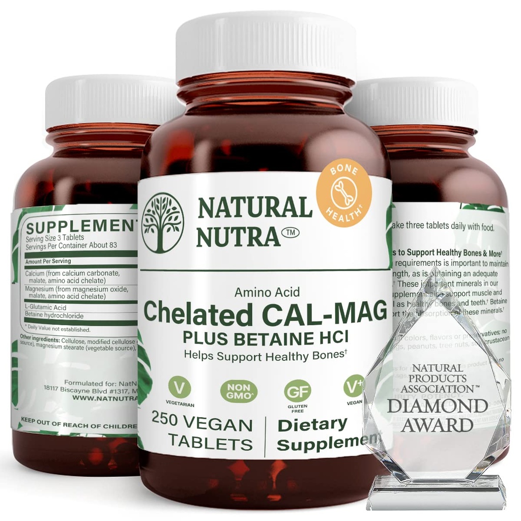 Natuurlijke Nutra Gecheld Calcium Magnesium 1000/500 mg Supplementen Plus Betaine HCL - Gecheld Cal Mag Verbetert botdichtheid, Ondersteunt spier, tanden, cardiovasculaire & nerve gezondheid, 250 Vegan tabletten
