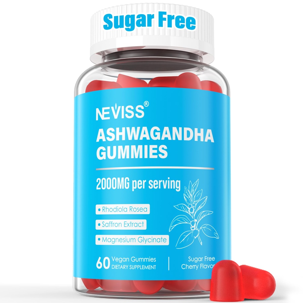 Suikervrij Ashwagandha Gummies - met Magnesium Glycinate, Rhodiola Rosea, Zink, Lemon Balm, B6 - Ontspanning Ondersteuning, Natuurlijke Zzz, Uithoudingsvermogen, Energie voor mannen Vrouwen - 60 Telt