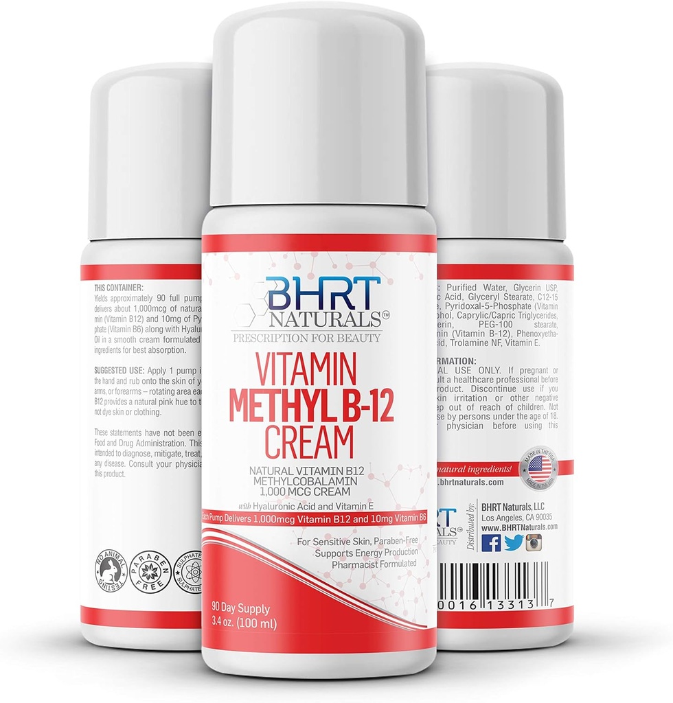 Vitamine B12 Cream 1000mcg - Apotheek Geformuleerd - Alle natuurlijke methylcobalamine (methyl B12) & vitamine B6 Cream for Energy, Mood, & Heart Health - Helpt met Eczema & Psoriasis - USA MADE