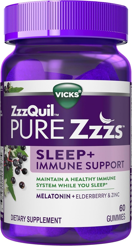 ZzzQuil Pure Zzzs Sleep + Immune Support Melatonin Sleep Aid Gummies with Elderberry, Zinc, Chamomile, Lavender, & Valerian Root, 1mg per Gummy, 60 ct