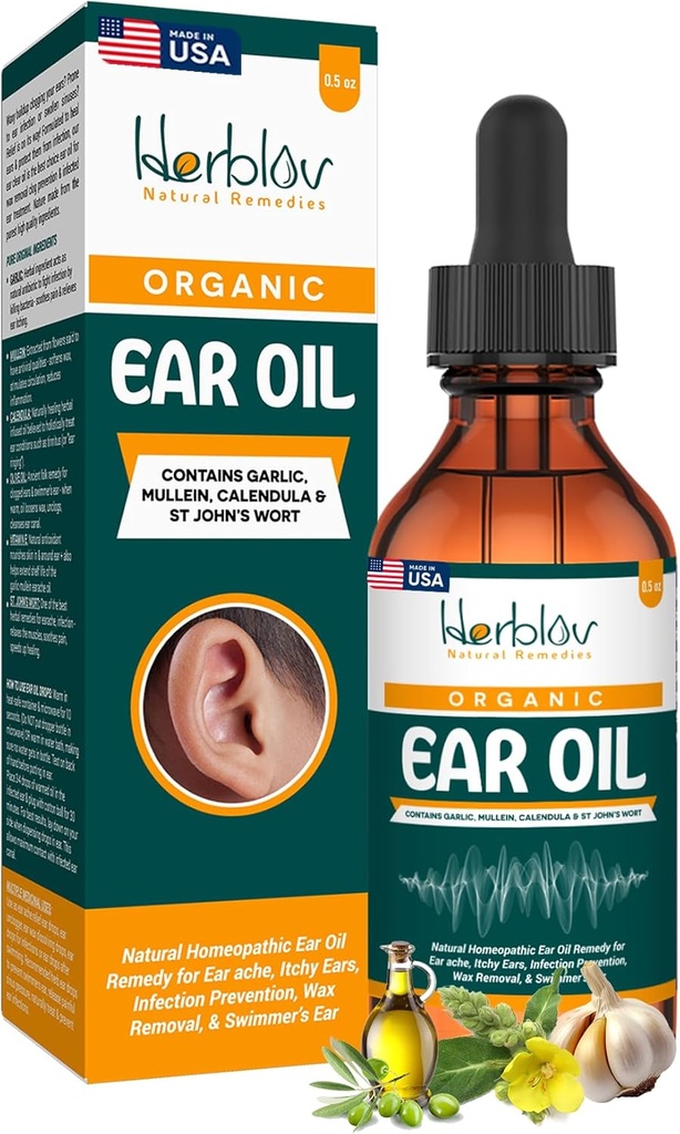 Biologische oorolie voor oorinfecties - Natuurlijke oordruppels voor infectiepreventie, Swimmer's Ear & Wax Removal - Kids, Adults, Baby, Dog Earache Remedy - met Mullein, Knoflook, Calendula, Made in USA