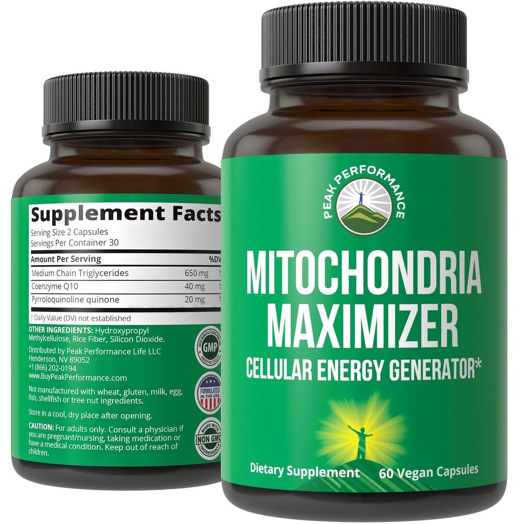 Peak Performance Mitochondria Maximizer with CoQ10 and Active PQQ. Best Mitochondrial Support Supplement with MCT Oil. Natural Cellular Generator for Clean, Energy Support. 60 Vegetarian Capsules