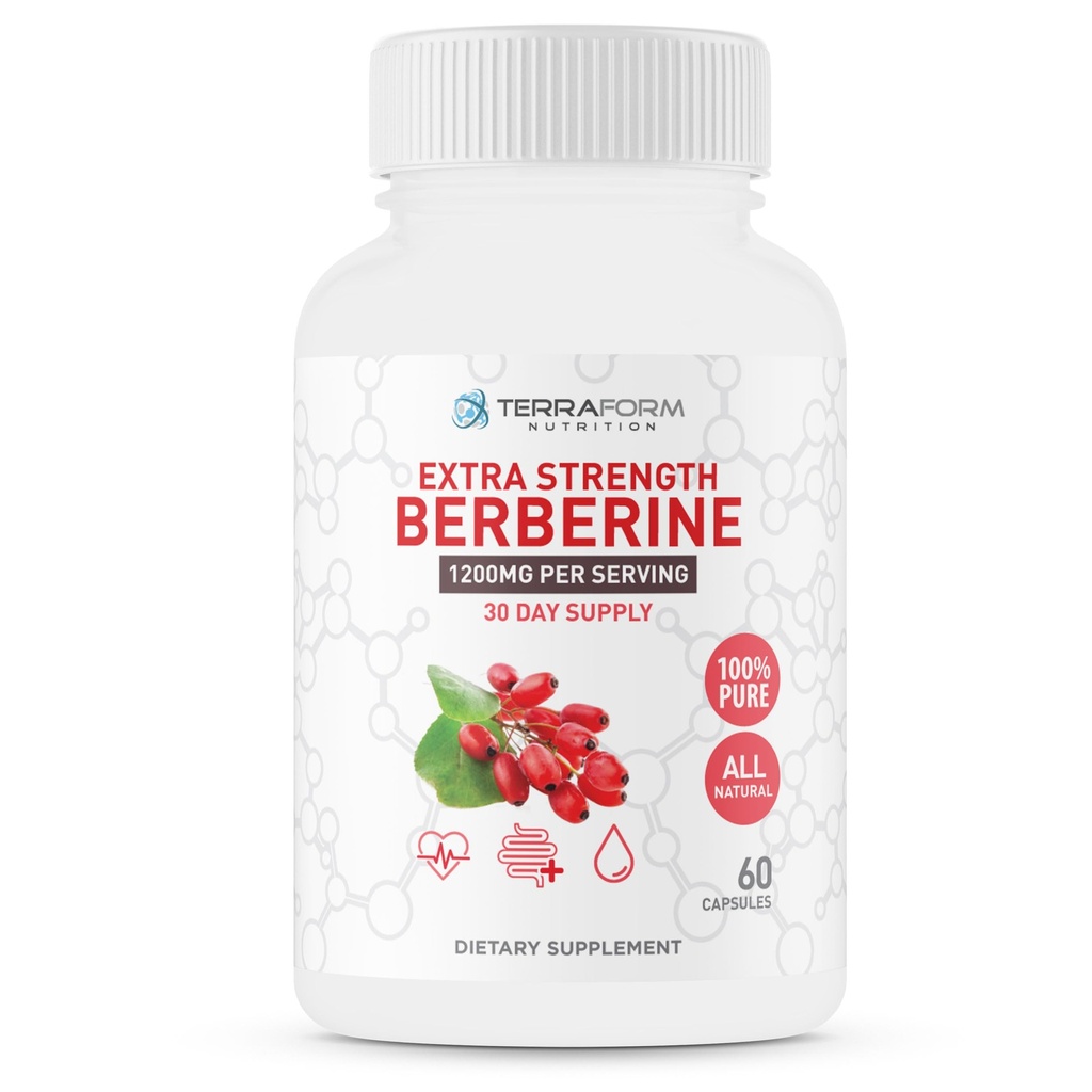 Berberine supplement - 1200mg Max sterkte Berberine HCl per portie - Pure Berberine - 60 capsules, 600mg Elke - 1 maand aanbod - TerraForm Nutrition