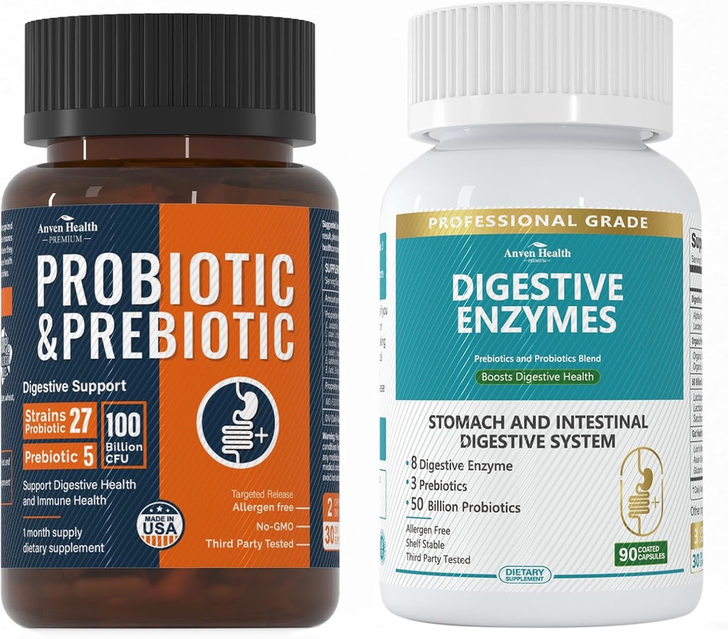 Total Gut Health Boost Bundle: Digestieve enzymen + 100 miljard Probiotica voor mannen en vrouwen Bloating, Digestieve Relief & Immune Support
