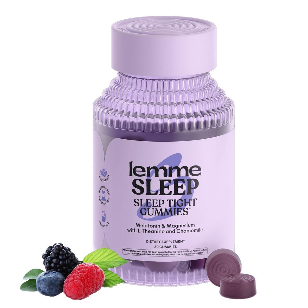 Lemme Slaap Gummies met 5mg Melatonine, Vlierbes, Magnesium, L-Theanine, Kamille en Lavendel, Drug-vrije nacht slaaphulp, Glutenvrij, Gelatinevrij, Niet GGO, Berry Flavored (60 Tel.)