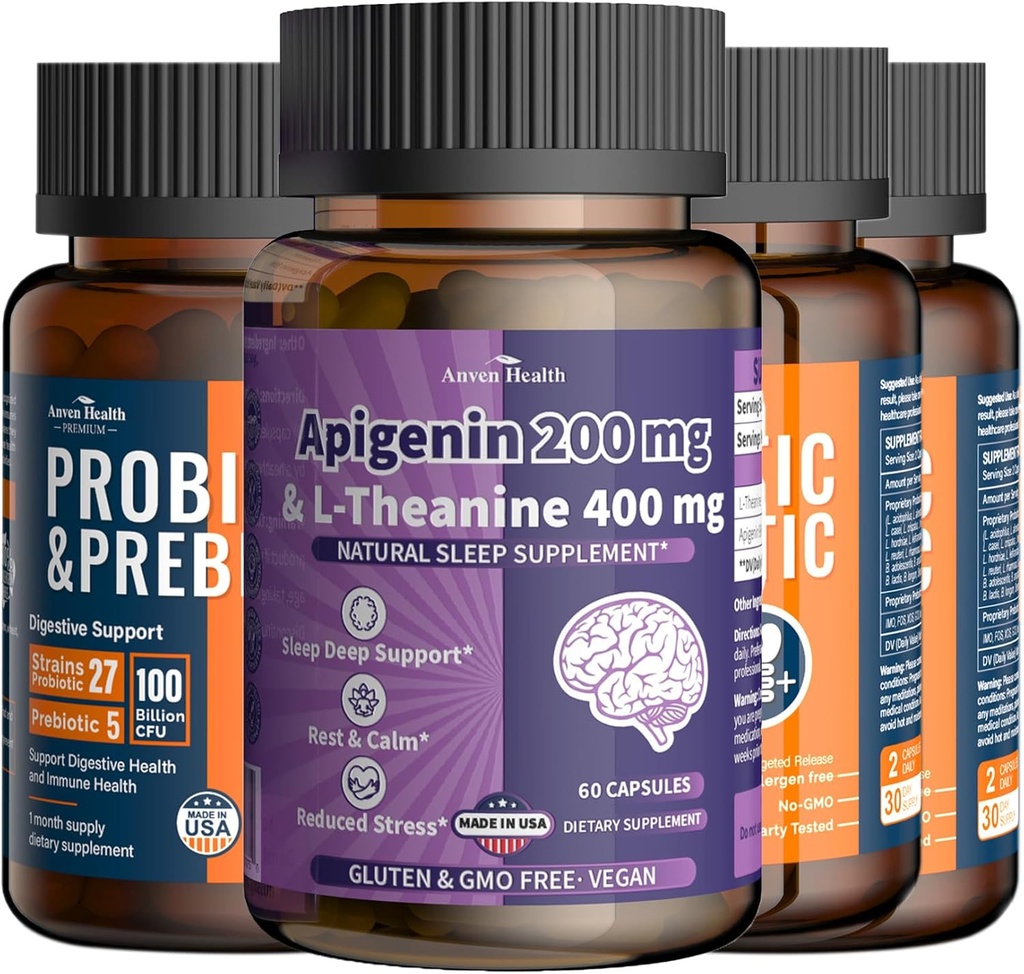 100 Miljard Probiotica voor Gut & Immune Health, Apigenin 200mg met L-Theanine 400mg voor Ontspanning & Stress Support 27 Strains, Vegan, Non-GMO