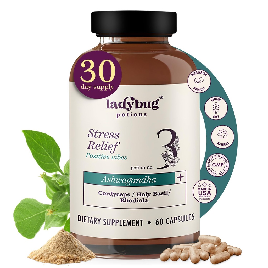 Biologische Mood Pillen - 60 Capsules Biologische Ashwagandha Supplementen voor vrouwen en mannen, Ashwagandha Wortel Capsules met Cordyceps, Heilige Basil & Rhodiola, Verminder Stress, Verhoogt Mood en Cognitieve Functie