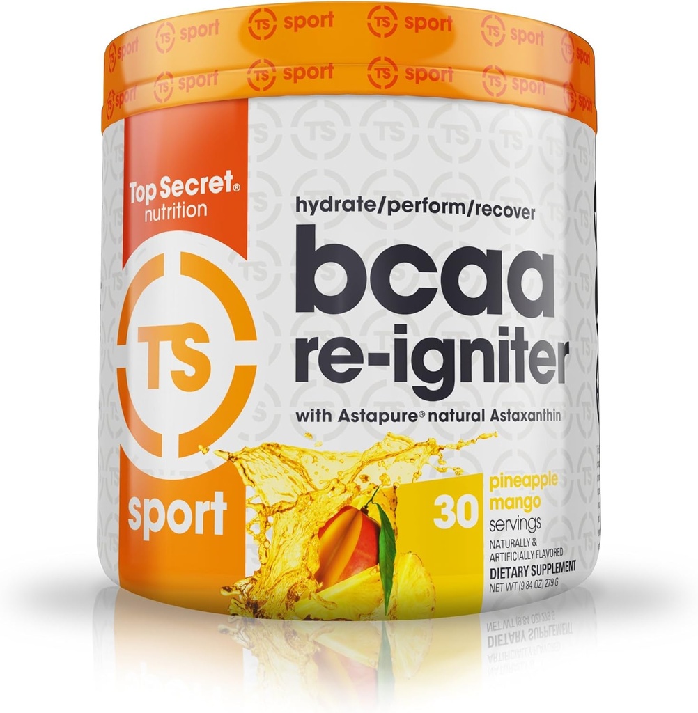 Top Secret Nutrition BCAA Re-Igniter Vegan Amino Acid Supplement met Astaxanthine en Electrolyte, Hydration Blend met Kokoswater, 9,84 oz (30 porties), Ananas Mango