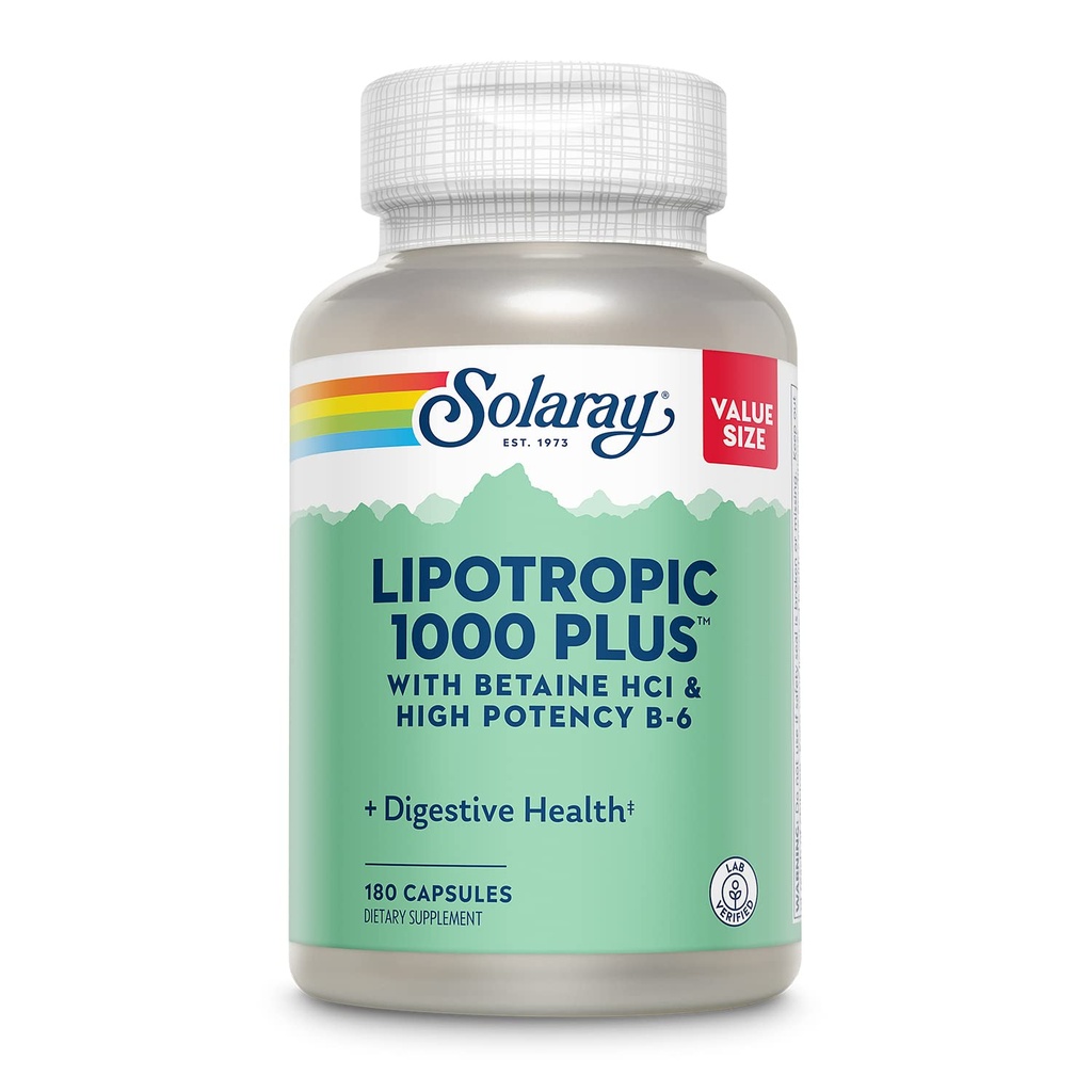 SOLARAY Lipotropic 1000 Plus met Betaine HCl & High Potency B-6, Gezonde spijsvertering, Energie en Vet Metabolisme Ondersteuning, Lipotropic Complex Plus Aloë Vera, 60 dagen garantie, 30 porties, 180 capsules