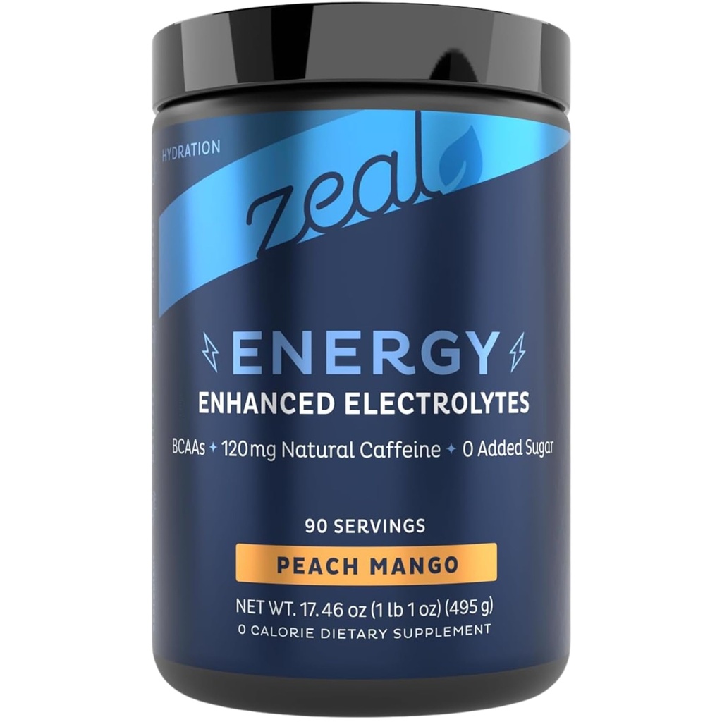 Zeal Naturals Pre-Workout Electrolyte + Energy Powder Drink Mix (90 Servings, Peach Mango)