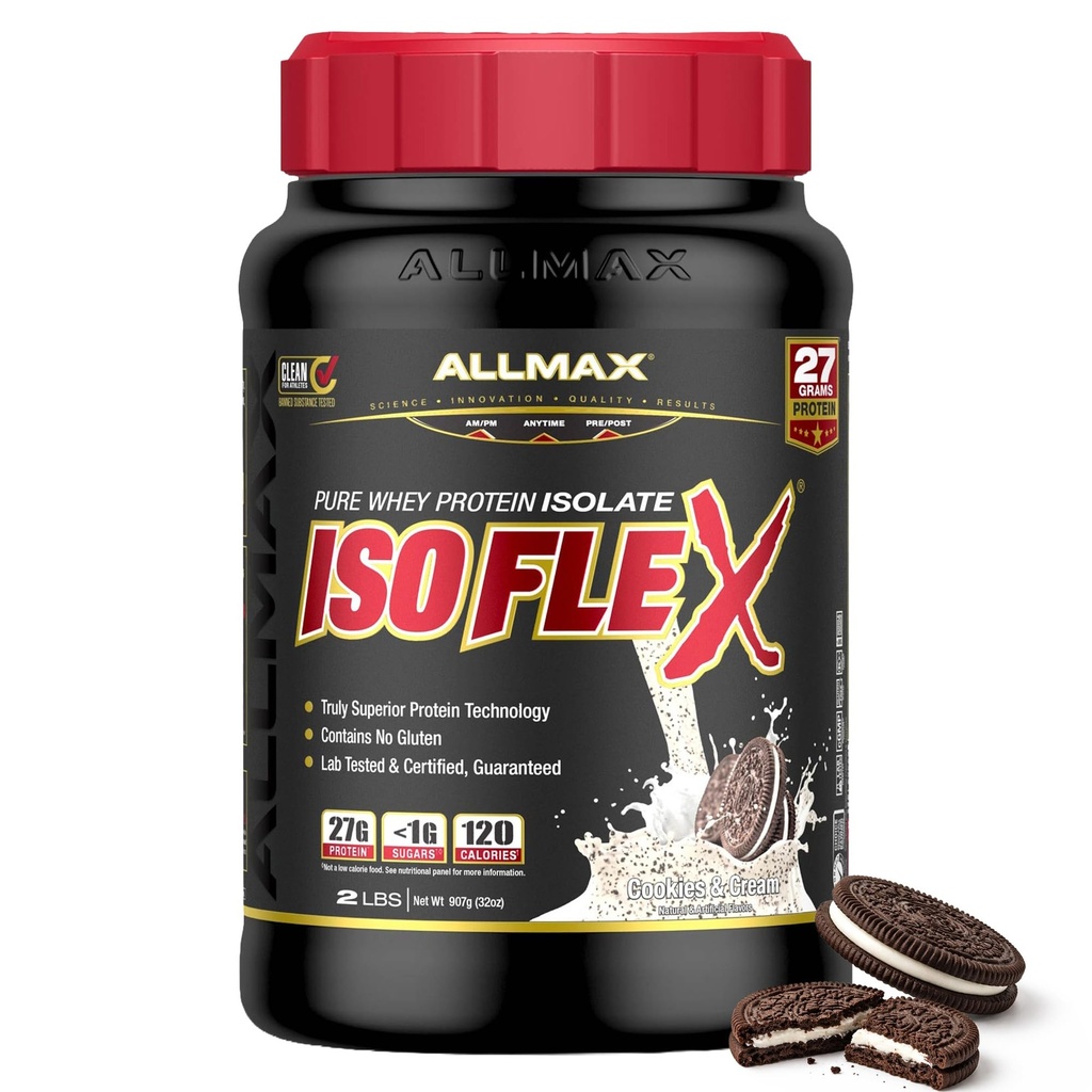 ALLMAX Nutrition ISOFLEX Wei Proteïneisolaat, Cookies & Crème - 2 lb - 27 Gram eiwit per scoop - Zero Fat & Sugar - 99% Lactosevrij - Glutenvrij en sojavrij - Geschatte 30 porties