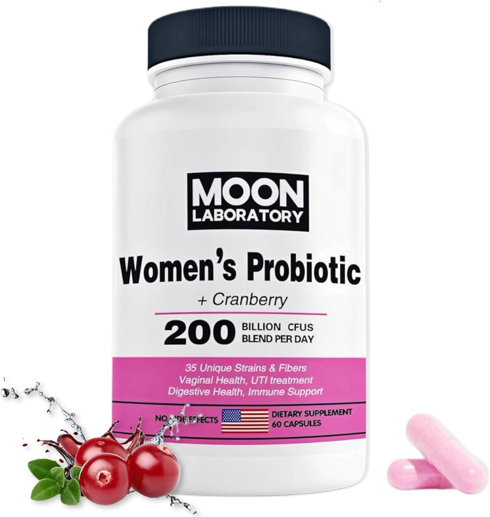Vrouwenprobiotica en prebiotica, 200 miljard CFU, 35 unieke strains en vezels. PH balans, Vaginale Gezondheid, UTI behandeling, Digestie ondersteuning, Immuun boost. Met Cranberry & D-Mannose. 60 capsules