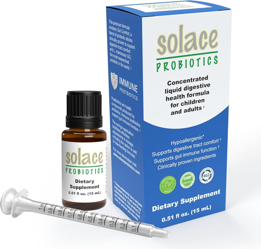 Solace Probiotics Liquid Formula for Adults and Kids - Concentrated Blend for Digestive Health and Immunity, Clinically Researched, Easy Syringe Application, Hypoallergenic - 15mL