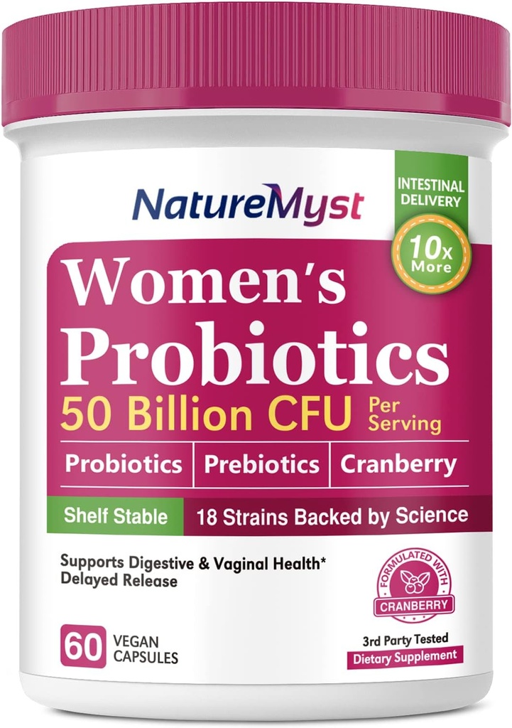 Vrouwen. Probiotica, 50 miljard CFU, 18 strepen voor vrouwen, Plus Prebiotic & Cranberry, Ondersteuning Digestieve, Vaginale & Urinaire Gezondheid, Plank Stabiel, 60 vertraagde release Vegan Caps