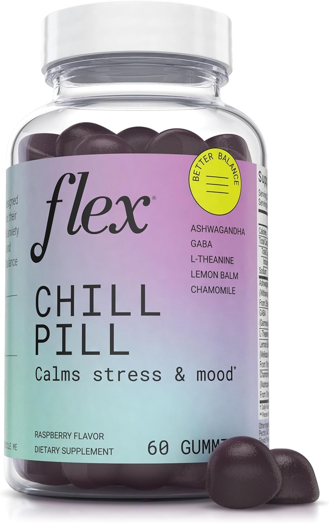 FLEX Chill Pill - Stress Relief - Balance - Helpt om te ontspannen - Ashwagandha - L-Theanine - GABA - Kamille - Citroen Balm - Berry Flavor - Vegan-Friendly - Gluten-Free - 60 Gummies (Chill Pill)