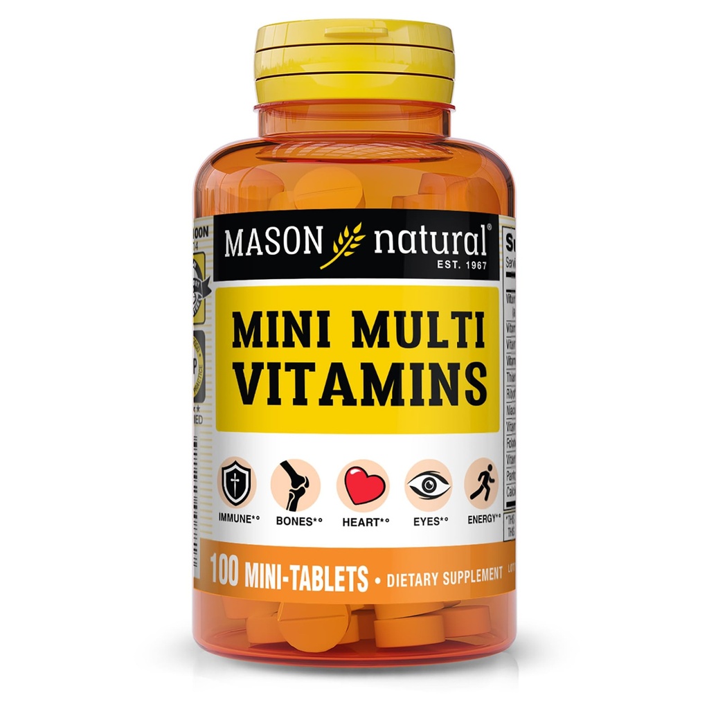 MASON NATURAL Mini Multi Vitamins, Vitamins A, C, D3, E, B1, B2, B3, B6, B12, Folate and Calcium for Overall Health, 100 Day Supply