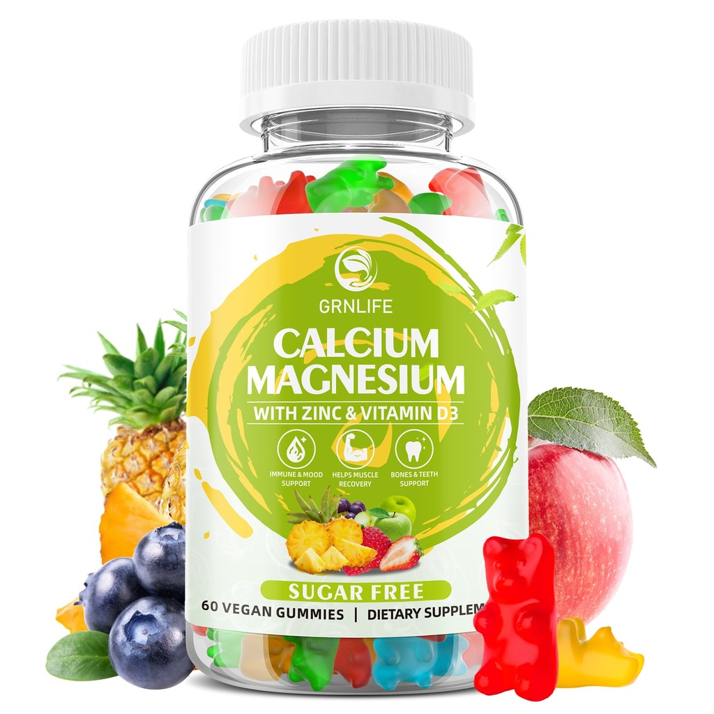 Calcium Magnesium Zink Supplement met Vitamine D3, Suikervrije Calcium Gummies voor Vrouwen Mannen, Hoge Potentie Magnesium Gummies voor Bot & Muscle & Immune Health, Gemengde Smaken - 60 Tel.