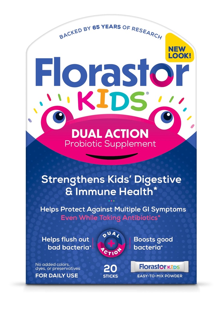 Florastor Kids Dual Action Probiotic Supplement, Versterkt de spijsvertering van kinderen & Immune Health, 20 Easy-to Mix Powder Sticks, verpakking mei Vary