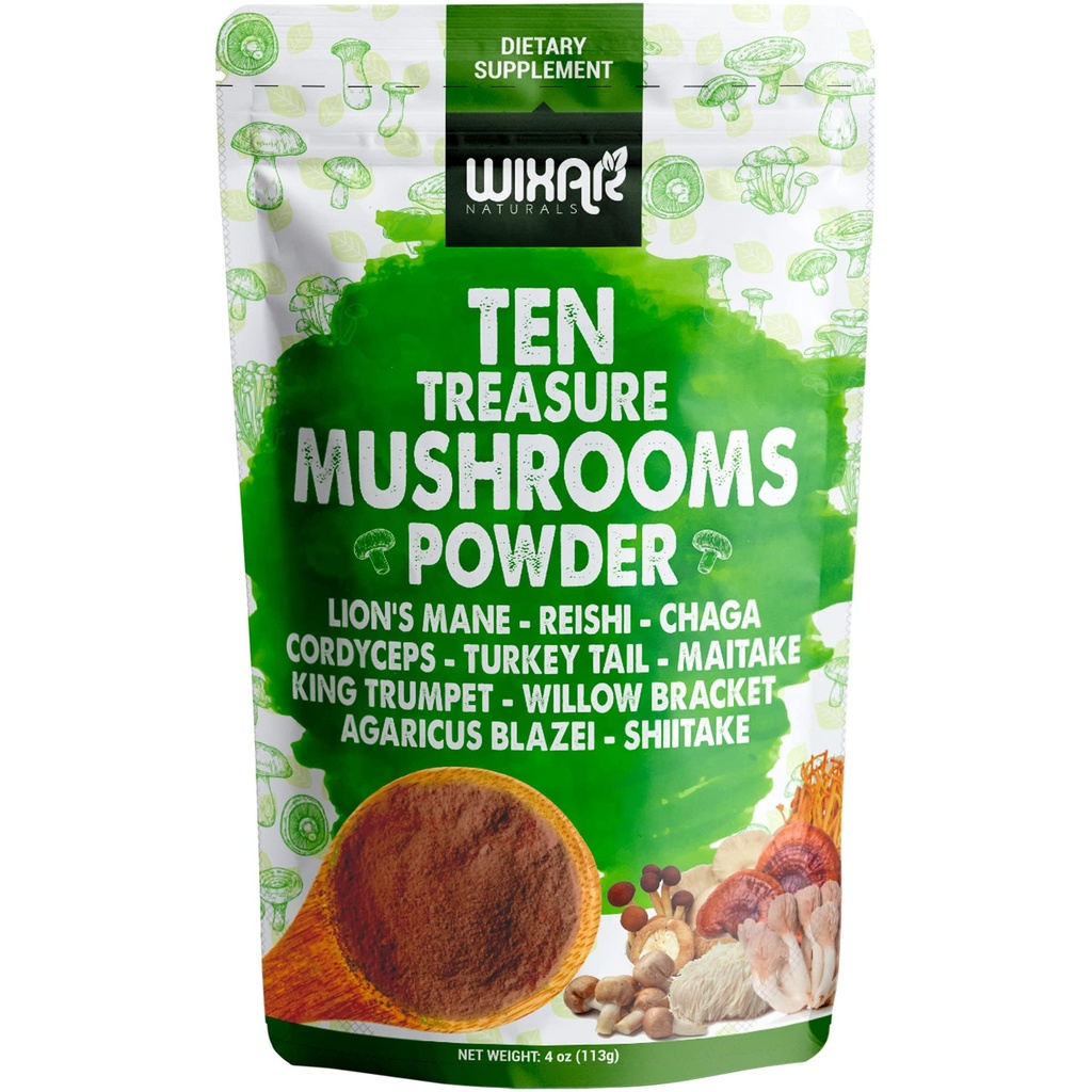 Wixar Paddestoelen Poeder - Tien Schat Paddenstoelen Extract supplement Mengen voor koffie & Smoothies - Lions Mane, Turkije Tail, Reishi, Chaga, Shiitake, Cordyceps, Complex - 4oz Paddestoelensupplement