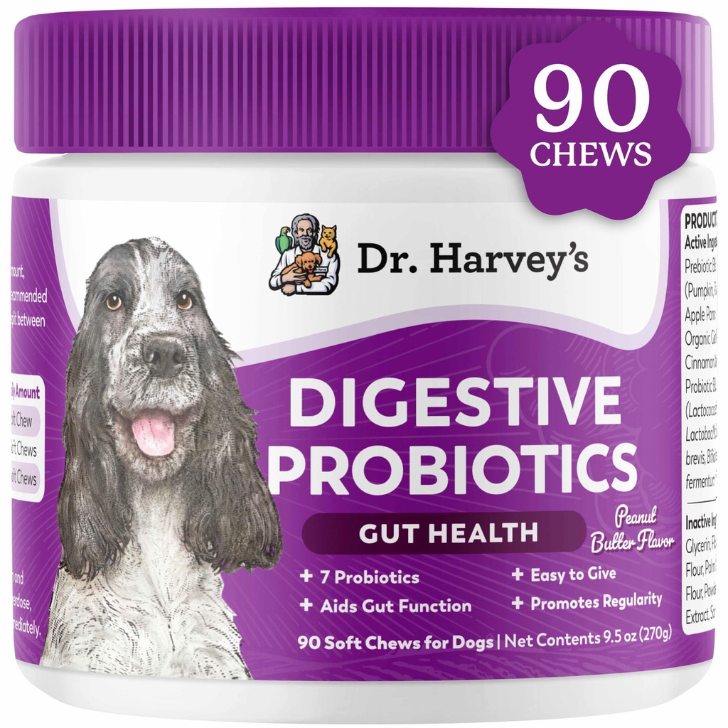 Dr. Harvey's Digestieve Probiotische Zachte Kauwen voor Honden, 9 Probiotica voor Gut Health, Diarree en Bowel Ondersteuning, Pindakaas Smaak (90 Kauwen)
