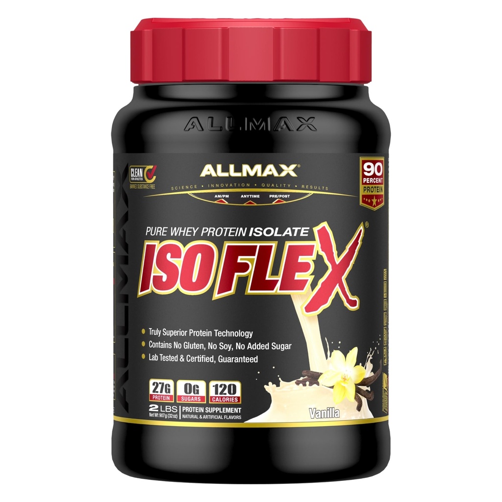 ALLMAX ISOFLEX Wei Proteïneisolaat, vanille - 2 lb - 27 Gram Proteïne per scoop - Zero Fat & Sugar - 99% Lactosevrij - Glutenvrij en sojavrij - ongeveer 30 porties