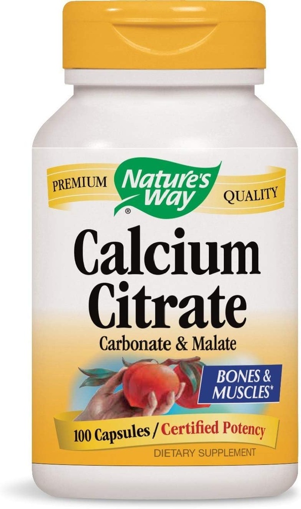 Natures Way Calcium citraat, Carbonaat en Malaat, 1000 per portie, 100 capsules. Verpakking met 2 flessen