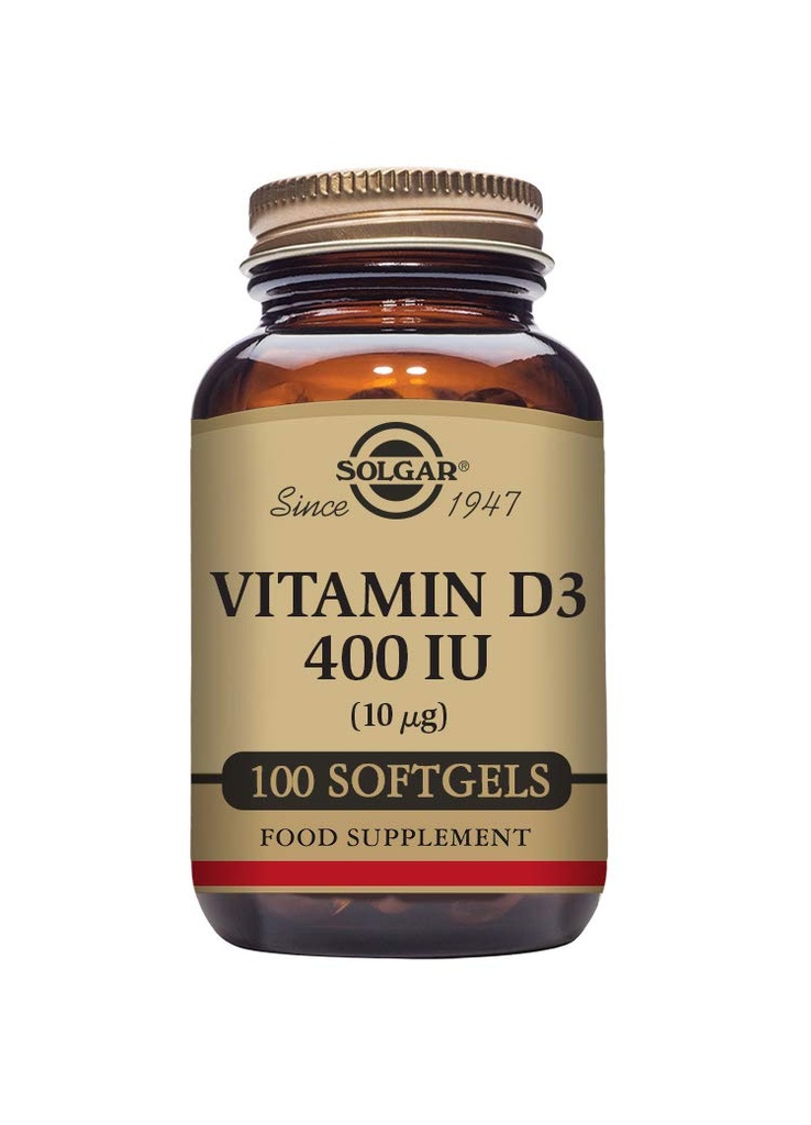 Solgar Vitamine D3 (Cholecalciferol) 10 MCG (400 IE), 100 Softgels - helpt bij het behoud van botten en tanden - Immuunsysteemondersteuning - Non-GMO, glutenvrij, zuivelvrij - 100 porties