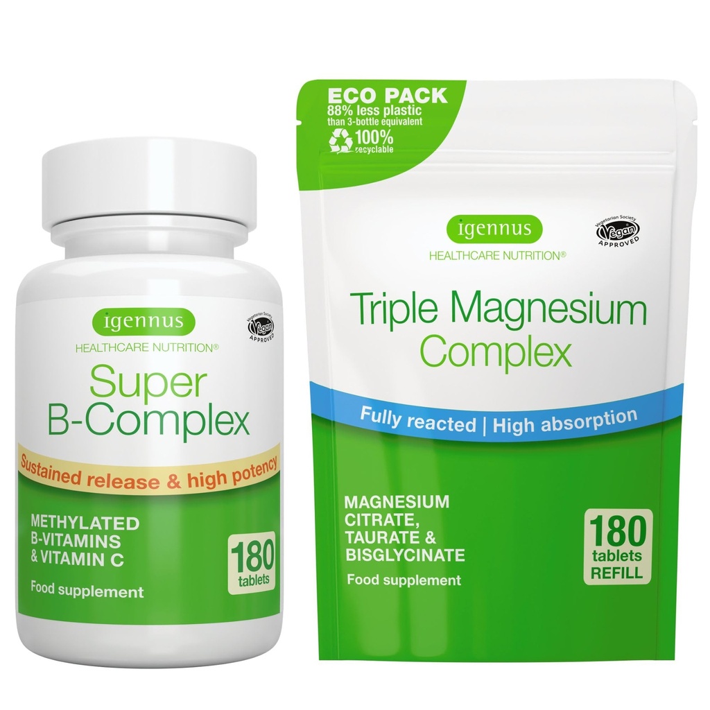 Super B-Complex 180 tabletten + Triple Magnesium Complex 180 tabletten Vegan Bundle, Methylated Sustained Release B Complex + High Absorptie Chelated Magnesium Glycinate, Taurate & Citrate, by Igennus