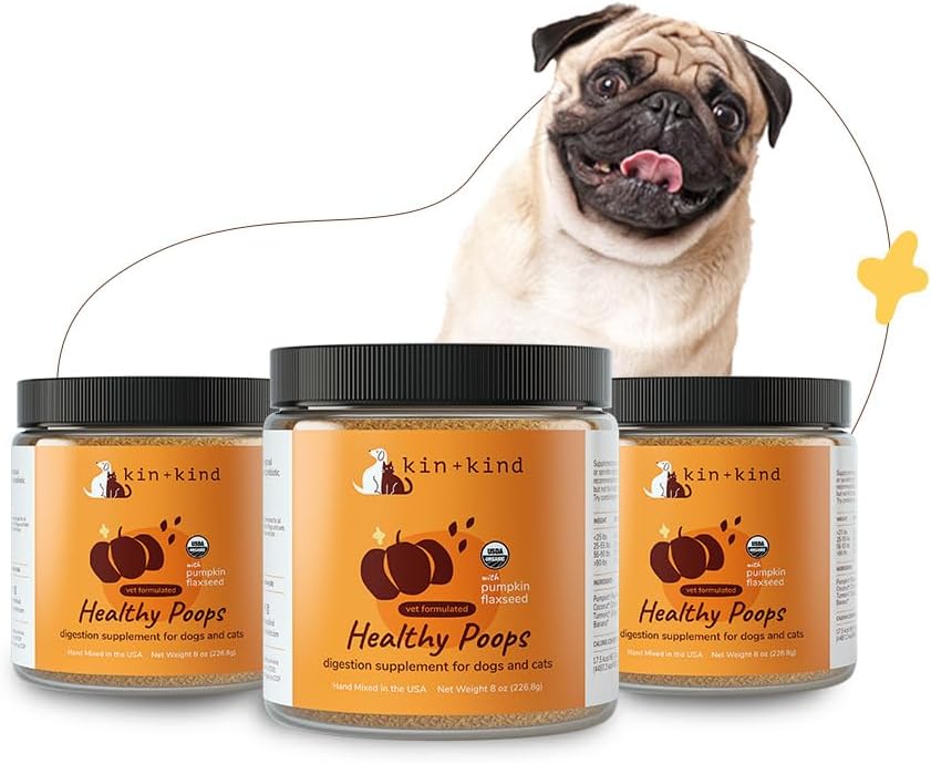 kin+kind Biologische vezel voor honden&Cats - Pompoen Boost voor gezonde poep - Digestieve gezondheid - Vlaszaad, gember, kurkuma en kokosnoot - Made in USA - Bundle (3 x 8 oz)