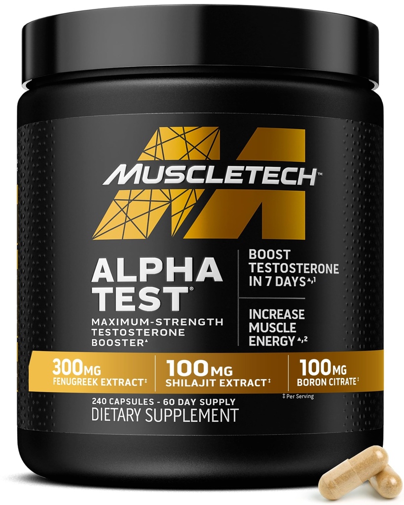MuscleTech Testosterone Booster for Men, AlphaTest - T-Boost Mens Supplement with Tribulus Terrestris & Boron - Daily Male Gym Workout Supplements for Muscle Growth, Stamina & Energy - 240 Pills
