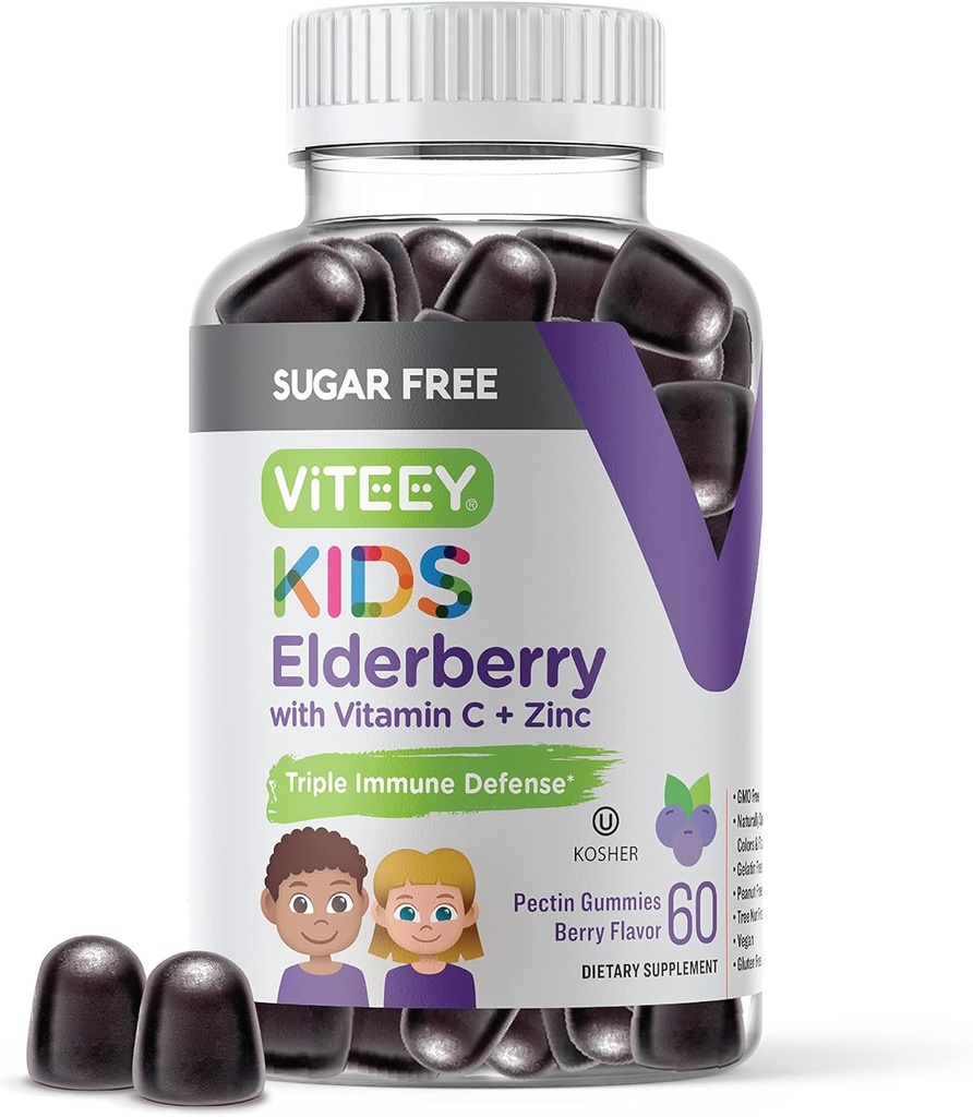 Viteey Sambucus Vlierbessen Gummy's voor kinderen - Suikervrij - Immuun Ondersteuning Supplementen met Vitamine C & Zink, [3-1 Immuun Booster] Veganistisch, Gelatinevrij, Glutenvrij - Smakelijk Kauwbare Berry Flavored