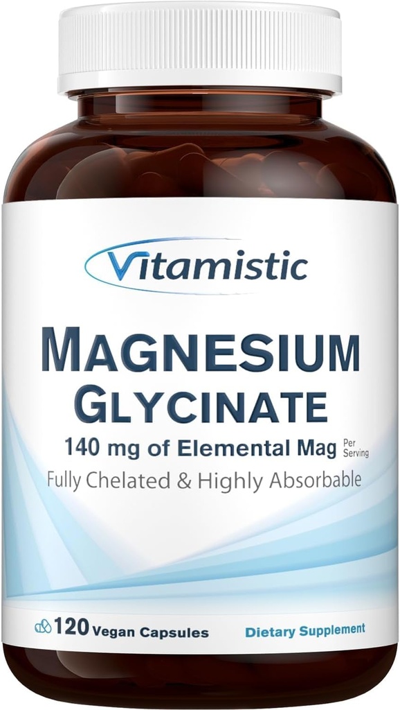 Magnesium Glycinate, Chelated, Highly Bio available, Fully Reacted & Non-Buffered, Gentle on The Mtomach, 140 mg Elemental Magnesium, for Sleep, Bone, Non GMO, 120 Vegan Caps