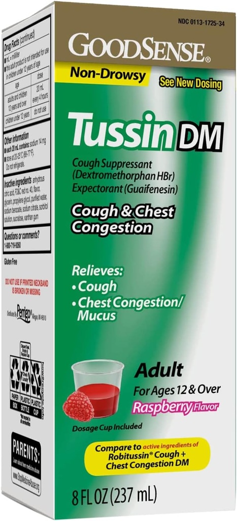 GoodSense Tussin Cough Siroop DM, Raspberry Flavor, effectieve verlichting voor hoesten en borstcongestie, Thins Mucus, 8 Fl Oz